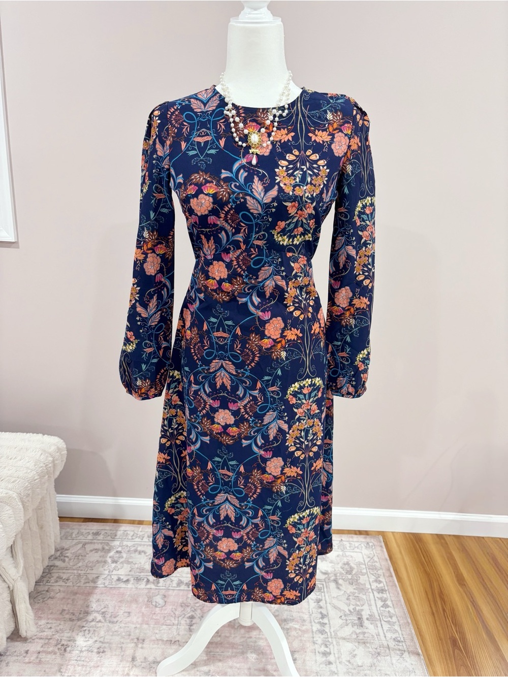 Floral Navy Long-Sleeve A-Line Dress